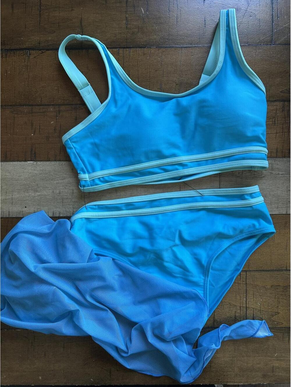 Blue Two-Piece Swimsuit with Sheer Cover-Up